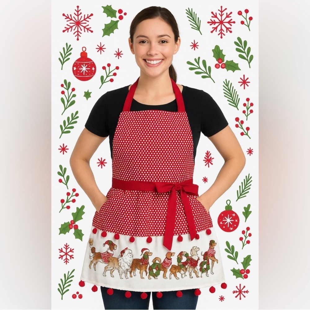 Pier 1 Imports Christmas Dogs Apron Red Polka Dot Holiday Kitchen Cotton NWT